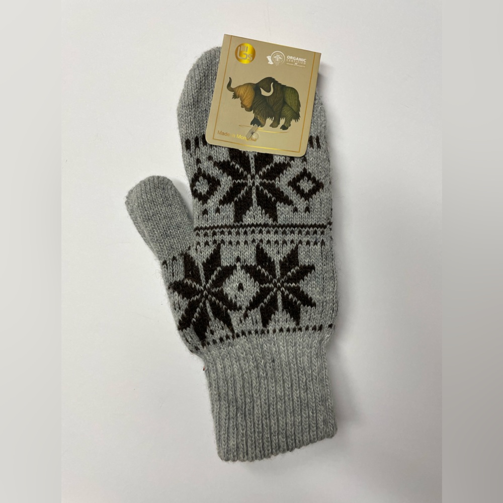 Yak wool blend double mittens grey brown S-M Mongolia Organic Certified